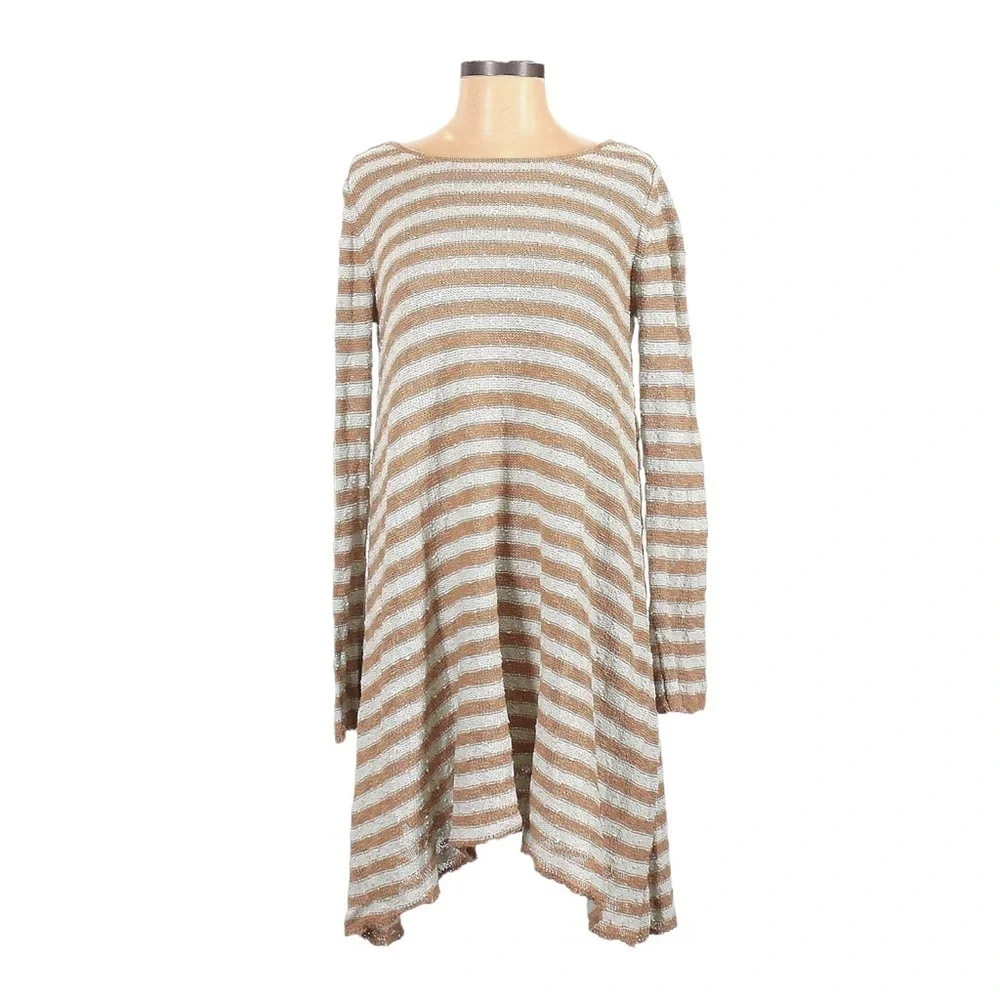 Free People Boucle Knit Flowy Boho Stripe Tan Mint Tunic Sweater Size XS L/S